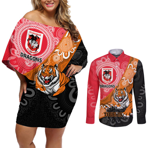 Personalised Dragons And Tigers Rugby Couples Matching Off Shoulder Short Dress and Long Sleeve Button Shirt Aboriginal Art