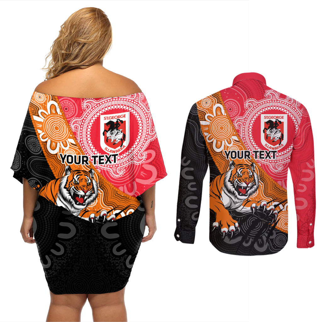 Personalised Dragons And Tigers Rugby Couples Matching Off Shoulder Short Dress and Long Sleeve Button Shirt Aboriginal Art