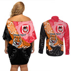 Personalised Dragons And Tigers Rugby Couples Matching Off Shoulder Short Dress and Long Sleeve Button Shirt Aboriginal Art