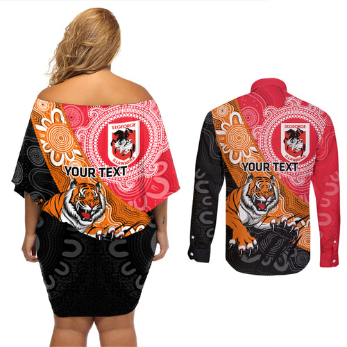 Personalised Dragons And Tigers Rugby Couples Matching Off Shoulder Short Dress and Long Sleeve Button Shirt Aboriginal Art