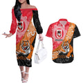 Personalised Dragons And Tigers Rugby Couples Matching Off The Shoulder Long Sleeve Dress and Hawaiian Shirt Aboriginal Art