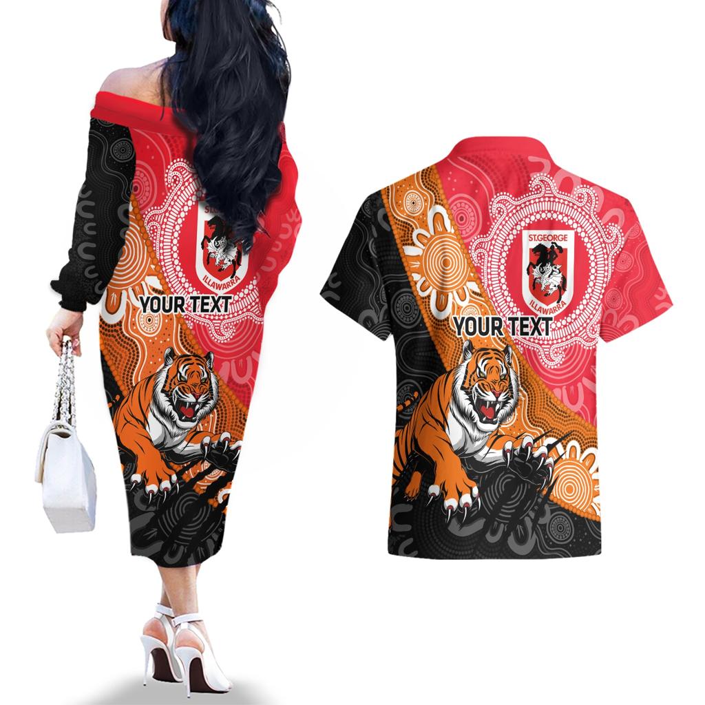 Personalised Dragons And Tigers Rugby Couples Matching Off The Shoulder Long Sleeve Dress and Hawaiian Shirt Aboriginal Art