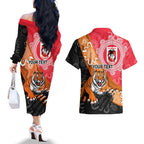 Personalised Dragons And Tigers Rugby Couples Matching Off The Shoulder Long Sleeve Dress and Hawaiian Shirt Aboriginal Art