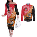 Personalised Dragons And Tigers Rugby Couples Matching Off The Shoulder Long Sleeve Dress and Long Sleeve Button Shirt Aboriginal Art