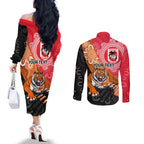 Personalised Dragons And Tigers Rugby Couples Matching Off The Shoulder Long Sleeve Dress and Long Sleeve Button Shirt Aboriginal Art
