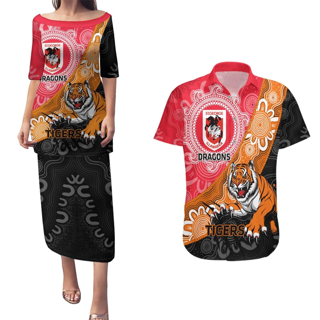 Personalised Dragons And Tigers Rugby Couples Matching Puletasi and Hawaiian Shirt Aboriginal Art