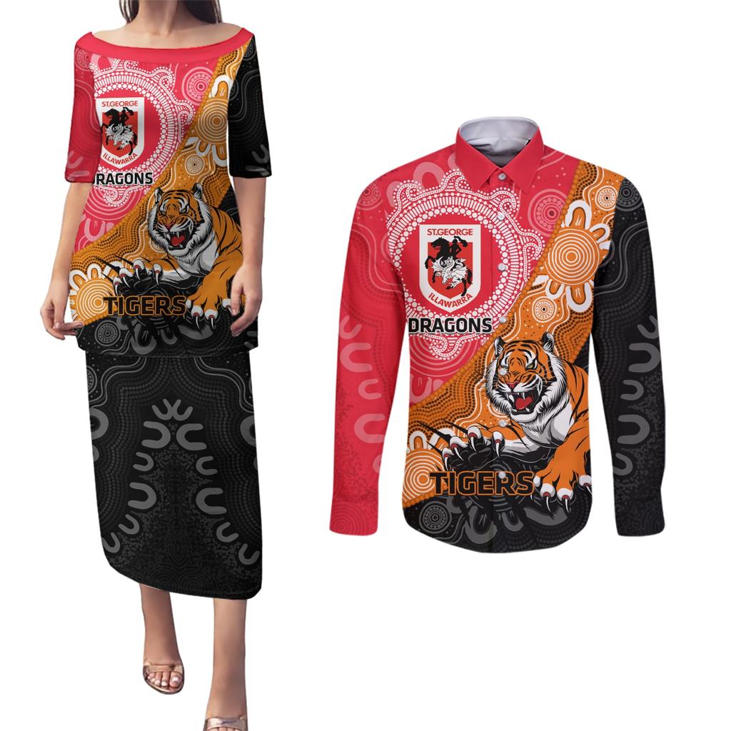 Personalised Dragons And Tigers Rugby Couples Matching Puletasi and Long Sleeve Button Shirt Aboriginal Art