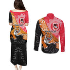 Personalised Dragons And Tigers Rugby Couples Matching Puletasi and Long Sleeve Button Shirt Aboriginal Art