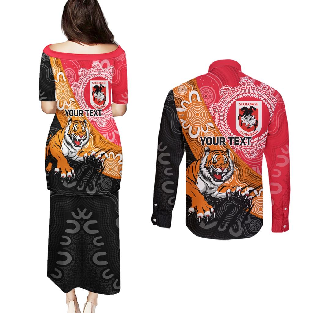 Personalised Dragons And Tigers Rugby Couples Matching Puletasi and Long Sleeve Button Shirt Aboriginal Art