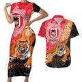 Personalised Dragons And Tigers Rugby Couples Matching Short Sleeve Bodycon Dress and Hawaiian Shirt Aboriginal Art