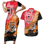 Personalised Dragons And Tigers Rugby Couples Matching Short Sleeve Bodycon Dress and Hawaiian Shirt Aboriginal Art