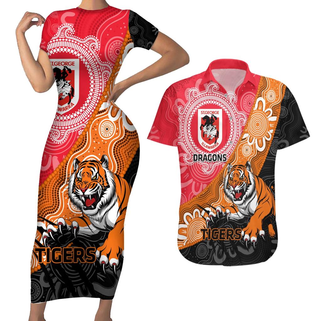 Personalised Dragons And Tigers Rugby Couples Matching Short Sleeve Bodycon Dress and Hawaiian Shirt Aboriginal Art