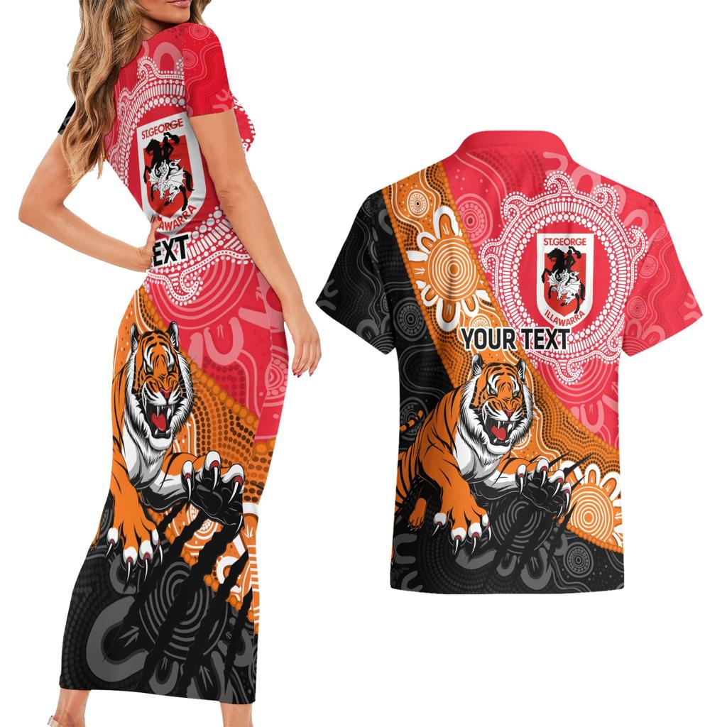 Personalised Dragons And Tigers Rugby Couples Matching Short Sleeve Bodycon Dress and Hawaiian Shirt Aboriginal Art