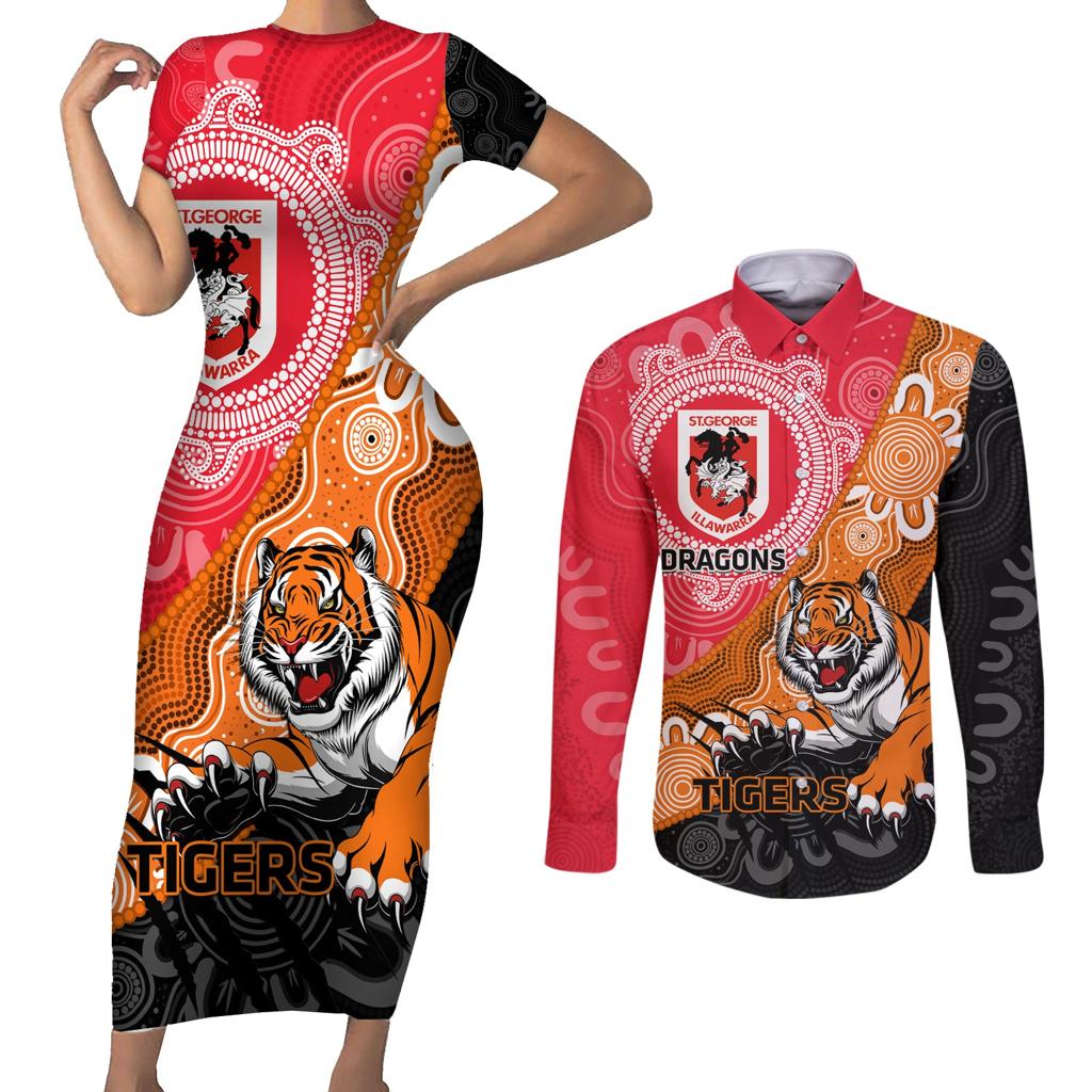 Personalised Dragons And Tigers Rugby Couples Matching Short Sleeve Bodycon Dress and Long Sleeve Button Shirt Aboriginal Art