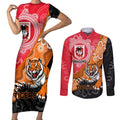Personalised Dragons And Tigers Rugby Couples Matching Short Sleeve Bodycon Dress and Long Sleeve Button Shirt Aboriginal Art