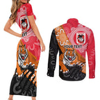 Personalised Dragons And Tigers Rugby Couples Matching Short Sleeve Bodycon Dress and Long Sleeve Button Shirt Aboriginal Art