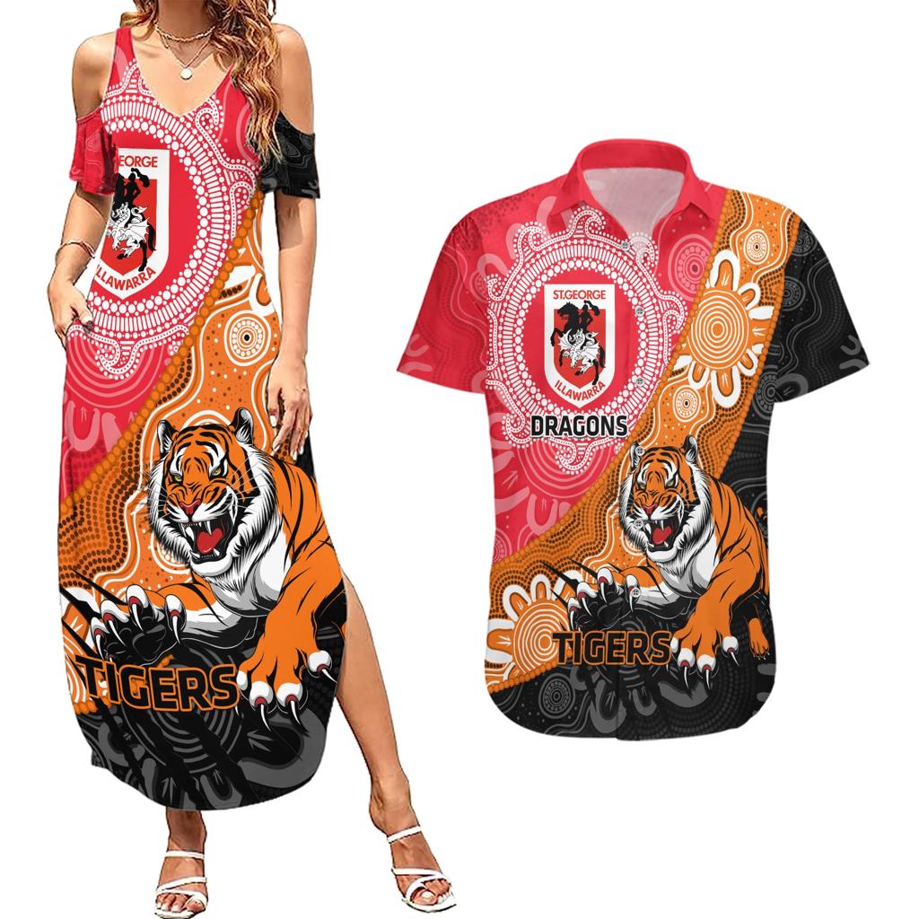 Personalised Dragons And Tigers Rugby Couples Matching Summer Maxi Dress and Hawaiian Shirt Aboriginal Art