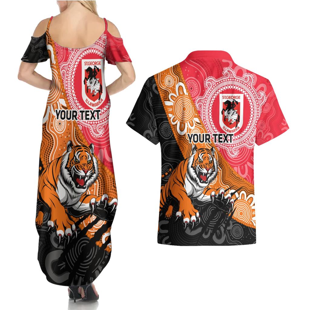 Personalised Dragons And Tigers Rugby Couples Matching Summer Maxi Dress and Hawaiian Shirt Aboriginal Art