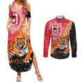 Personalised Dragons And Tigers Rugby Couples Matching Summer Maxi Dress and Long Sleeve Button Shirt Aboriginal Art