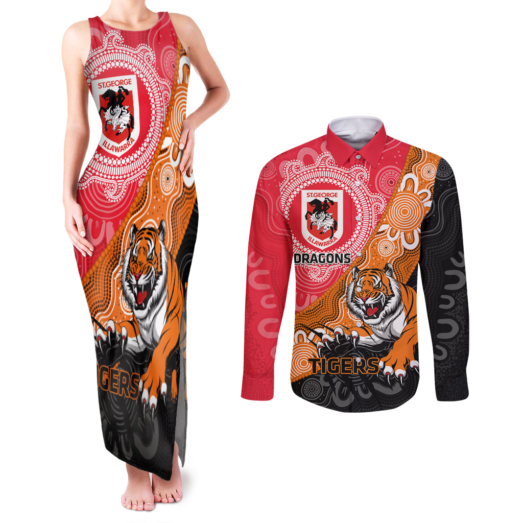 Personalised Dragons And Tigers Rugby Couples Matching Tank Maxi Dress and Long Sleeve Button Shirt Aboriginal Art