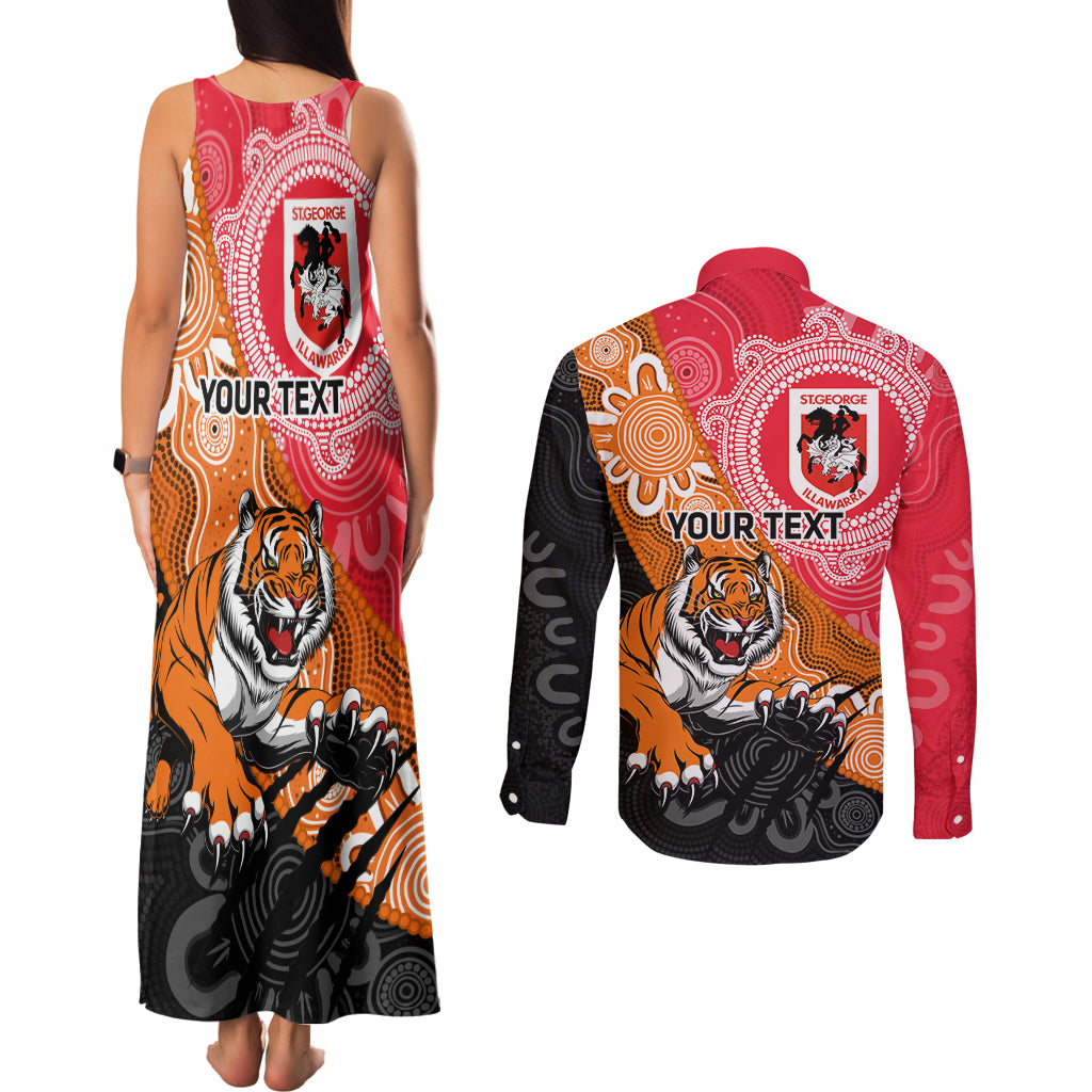Personalised Dragons And Tigers Rugby Couples Matching Tank Maxi Dress and Long Sleeve Button Shirt Aboriginal Art
