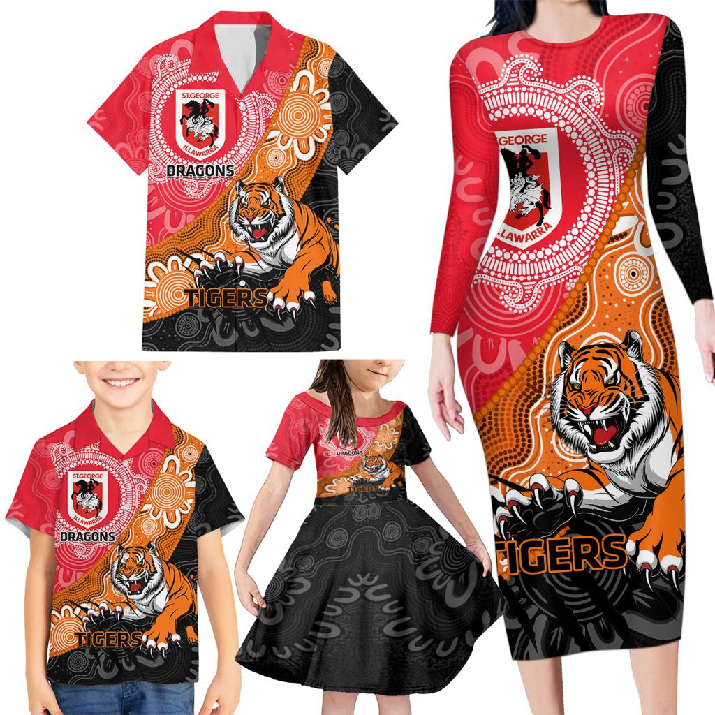 Personalised Dragons And Tigers Rugby Family Matching Long Sleeve Bodycon Dress and Hawaiian Shirt Aboriginal Art