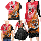 Personalised Dragons And Tigers Rugby Family Matching Long Sleeve Bodycon Dress and Hawaiian Shirt Aboriginal Art
