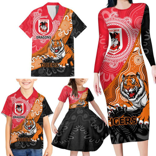 Personalised Dragons And Tigers Rugby Family Matching Long Sleeve Bodycon Dress and Hawaiian Shirt Aboriginal Art