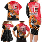 Personalised Dragons And Tigers Rugby Family Matching Long Sleeve Bodycon Dress and Hawaiian Shirt Aboriginal Art