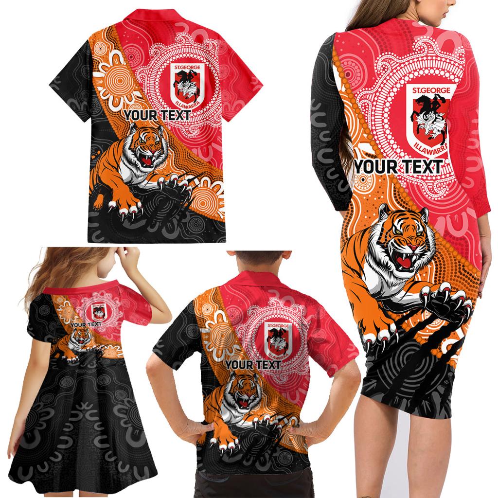 Personalised Dragons And Tigers Rugby Family Matching Long Sleeve Bodycon Dress and Hawaiian Shirt Aboriginal Art