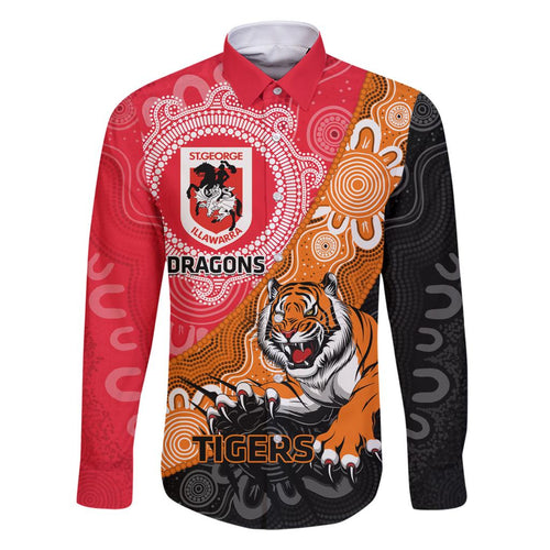 Personalised Dragons And Tigers Rugby Family Matching Long Sleeve Bodycon Dress and Hawaiian Shirt Aboriginal Art