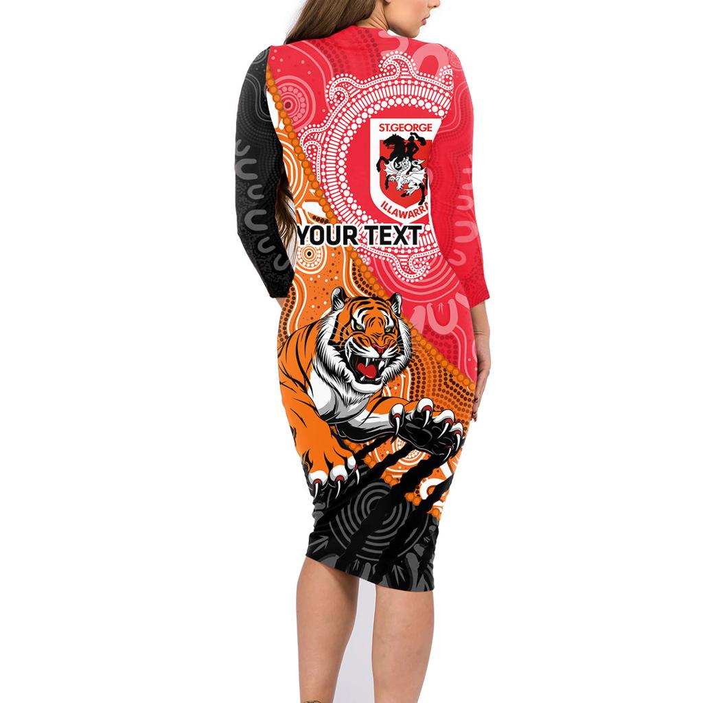 Personalised Dragons And Tigers Rugby Family Matching Long Sleeve Bodycon Dress and Hawaiian Shirt Aboriginal Art