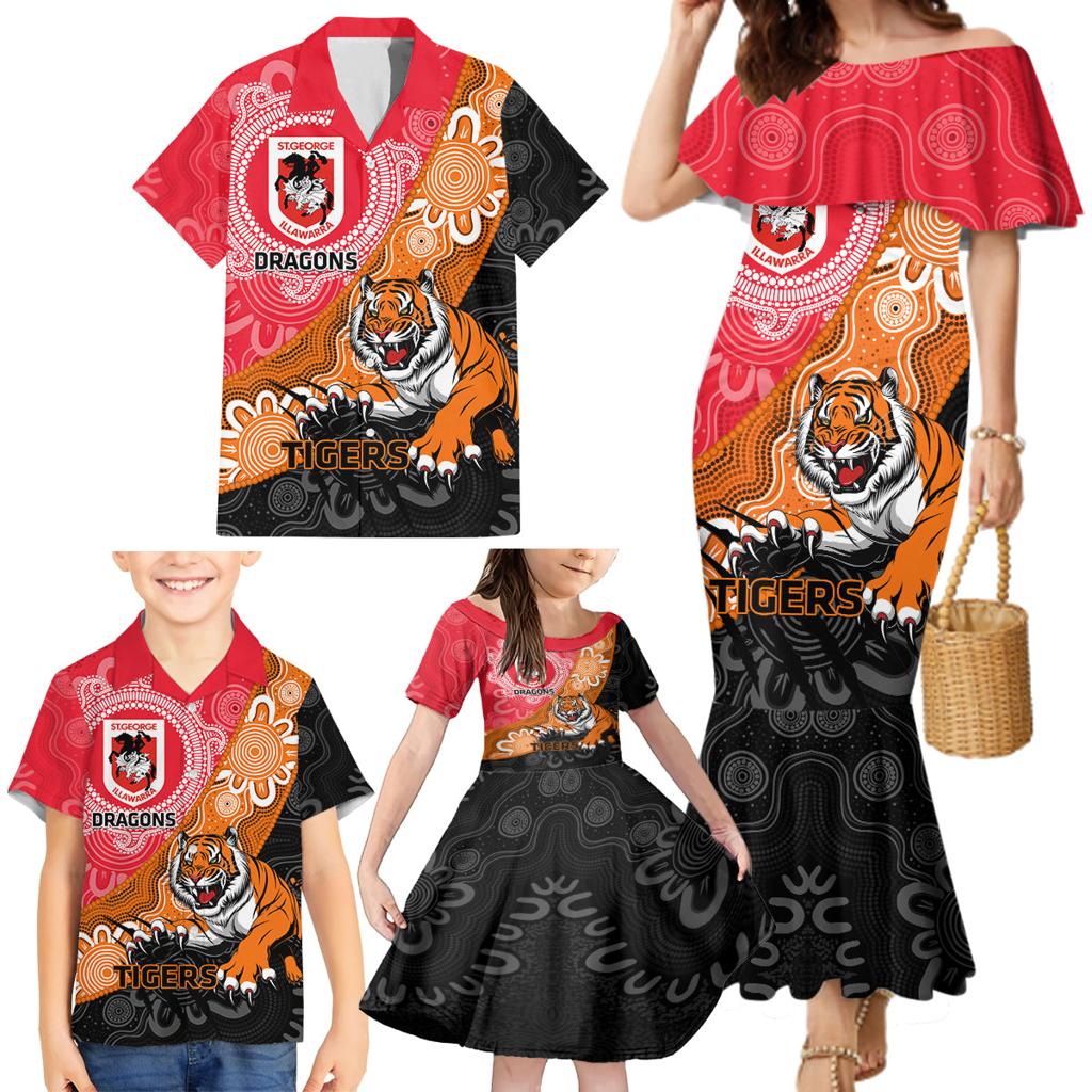 Personalised Dragons And Tigers Rugby Family Matching Mermaid Dress and Hawaiian Shirt Aboriginal Art
