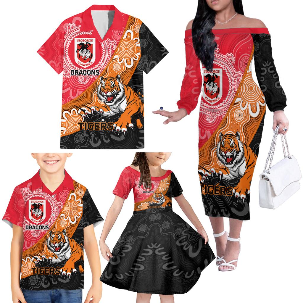 Personalised Dragons And Tigers Rugby Family Matching Off The Shoulder Long Sleeve Dress and Hawaiian Shirt Aboriginal Art