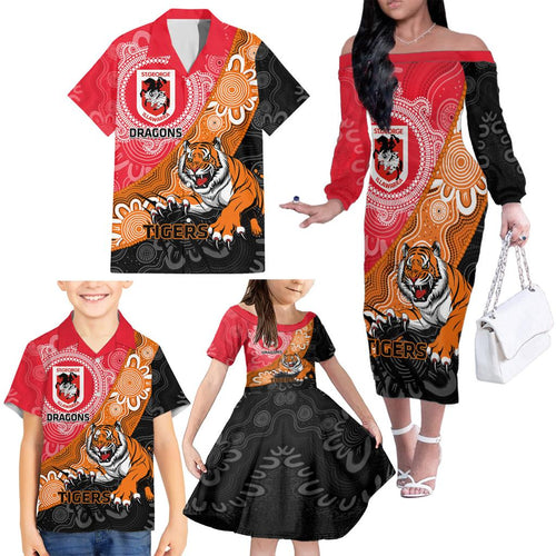 Personalised Dragons And Tigers Rugby Family Matching Off The Shoulder Long Sleeve Dress and Hawaiian Shirt Aboriginal Art