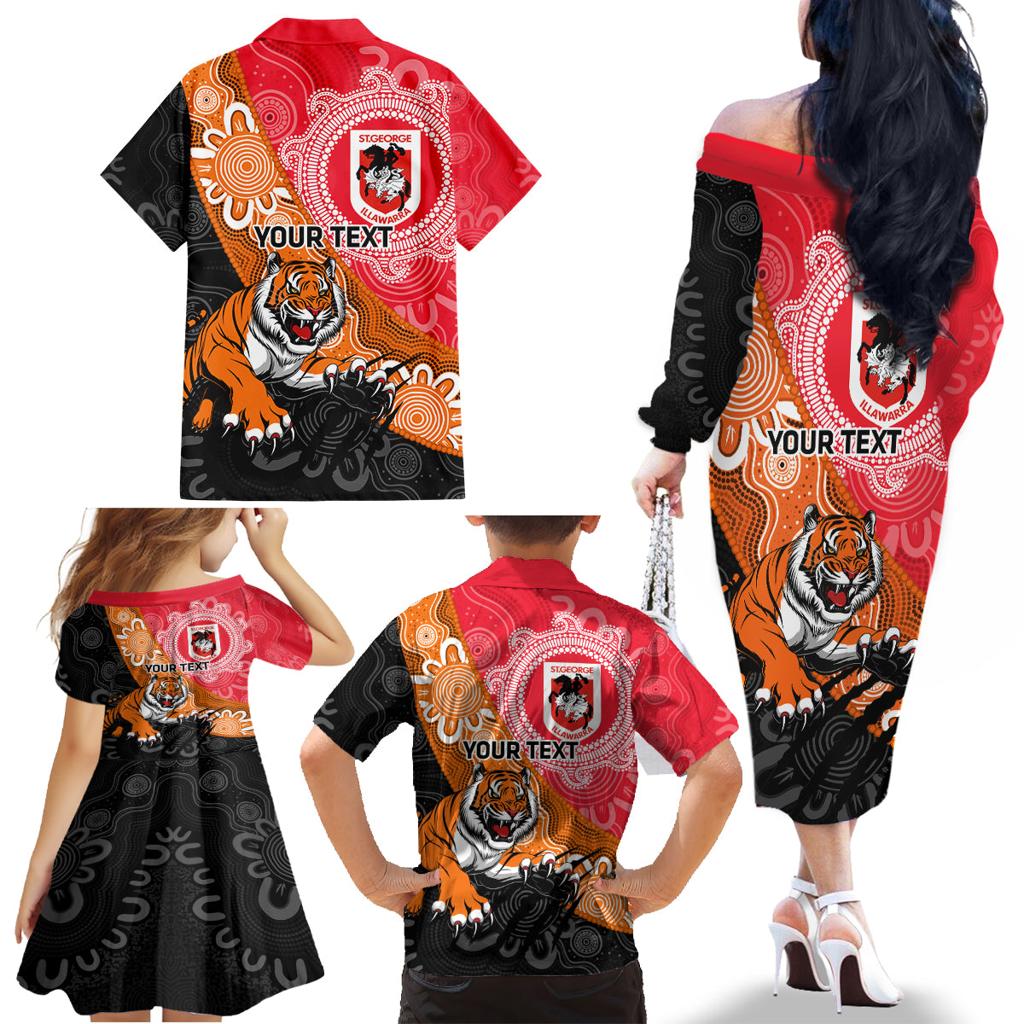 Personalised Dragons And Tigers Rugby Family Matching Off The Shoulder Long Sleeve Dress and Hawaiian Shirt Aboriginal Art