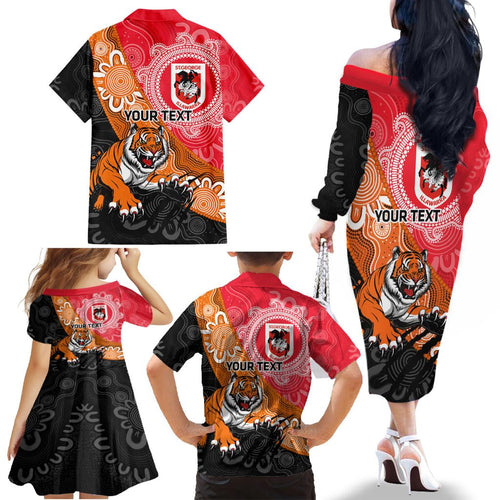 Personalised Dragons And Tigers Rugby Family Matching Off The Shoulder Long Sleeve Dress and Hawaiian Shirt Aboriginal Art