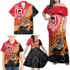 Personalised Dragons And Tigers Rugby Family Matching Off Shoulder Maxi Dress and Hawaiian Shirt Aboriginal Art