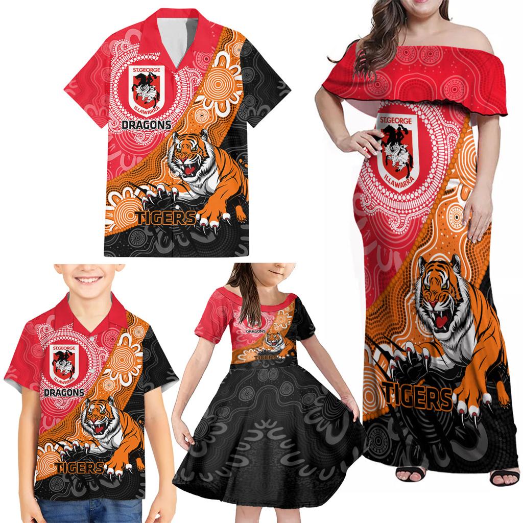 Personalised Dragons And Tigers Rugby Family Matching Off Shoulder Maxi Dress and Hawaiian Shirt Aboriginal Art