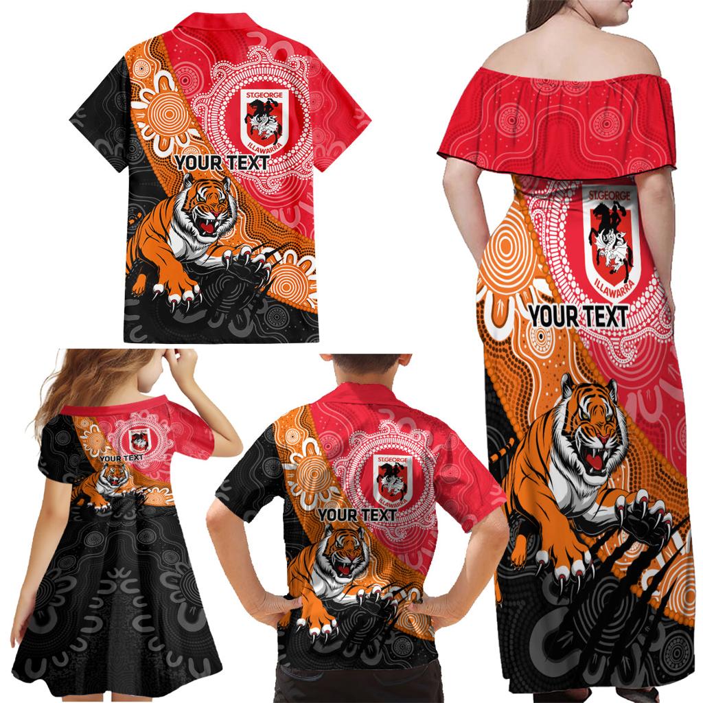 Personalised Dragons And Tigers Rugby Family Matching Off Shoulder Maxi Dress and Hawaiian Shirt Aboriginal Art