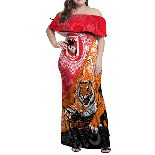 Personalised Dragons And Tigers Rugby Family Matching Off Shoulder Maxi Dress and Hawaiian Shirt Aboriginal Art