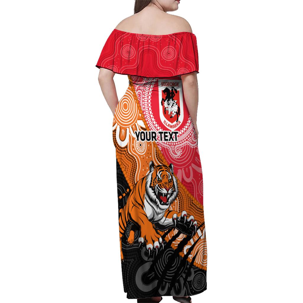Personalised Dragons And Tigers Rugby Family Matching Off Shoulder Maxi Dress and Hawaiian Shirt Aboriginal Art