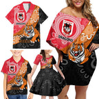Personalised Dragons And Tigers Rugby Family Matching Off Shoulder Short Dress and Hawaiian Shirt Aboriginal Art
