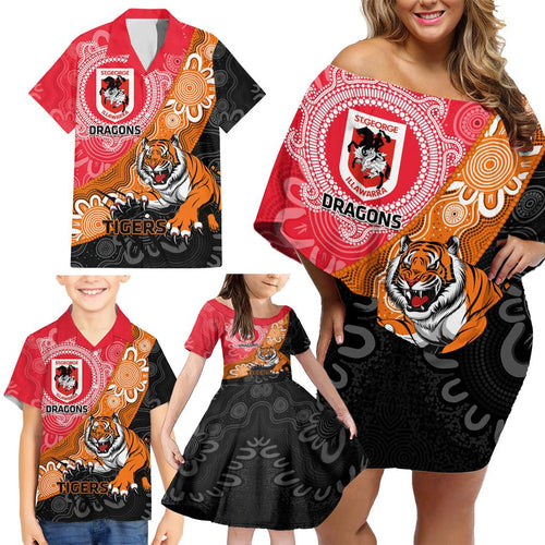 Personalised Dragons And Tigers Rugby Family Matching Off Shoulder Short Dress and Hawaiian Shirt Aboriginal Art