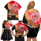Personalised Dragons And Tigers Rugby Family Matching Off Shoulder Short Dress and Hawaiian Shirt Aboriginal Art
