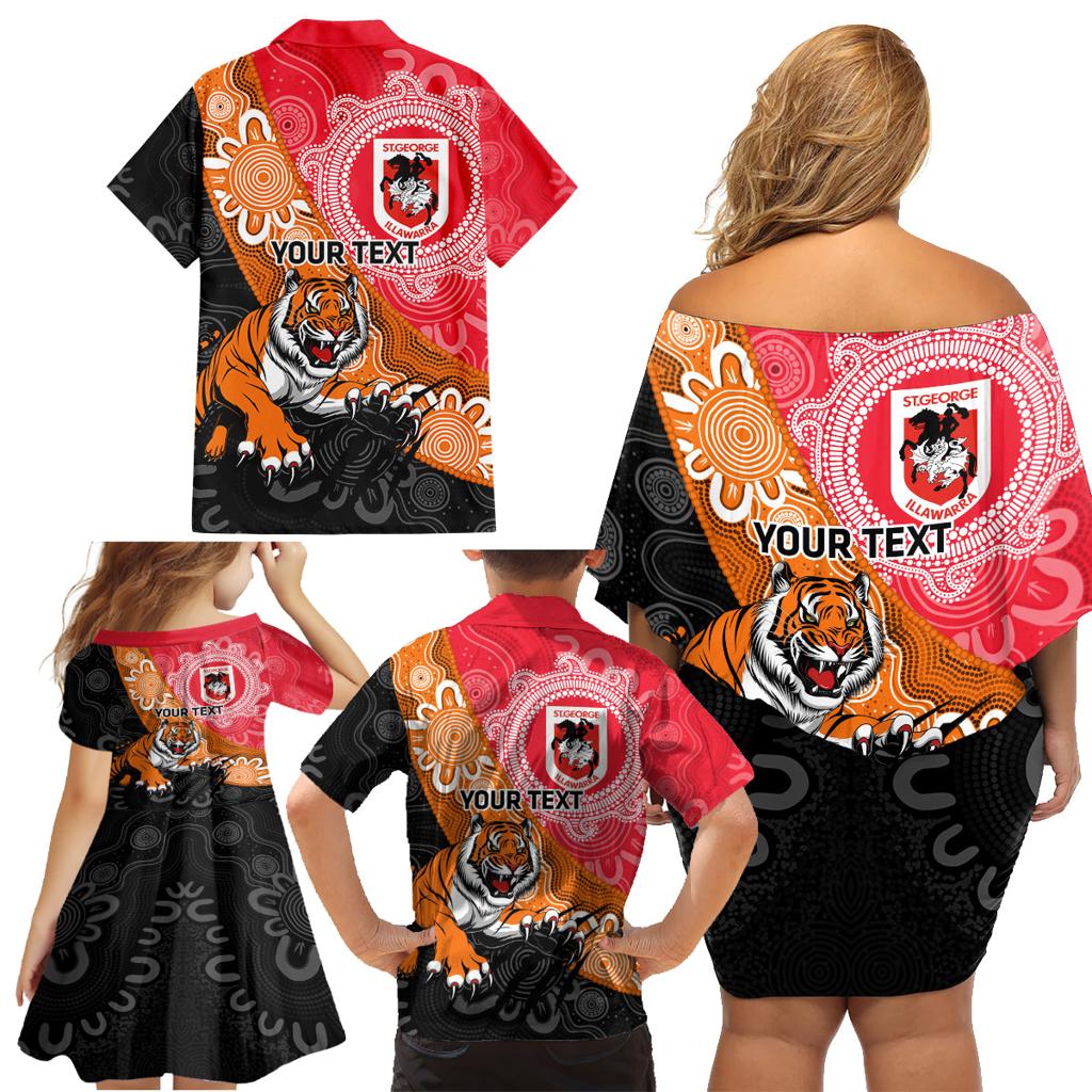 Personalised Dragons And Tigers Rugby Family Matching Off Shoulder Short Dress and Hawaiian Shirt Aboriginal Art