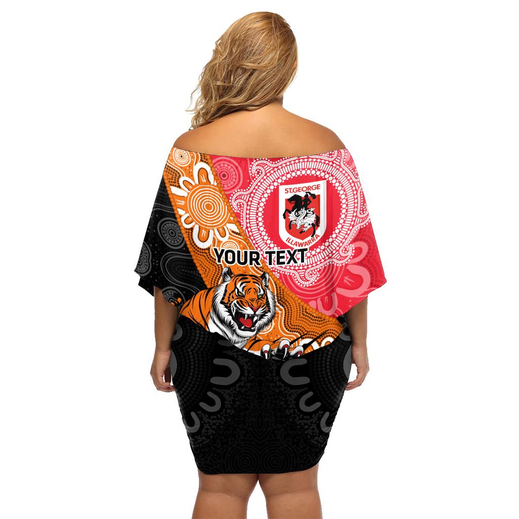 Personalised Dragons And Tigers Rugby Family Matching Off Shoulder Short Dress and Hawaiian Shirt Aboriginal Art