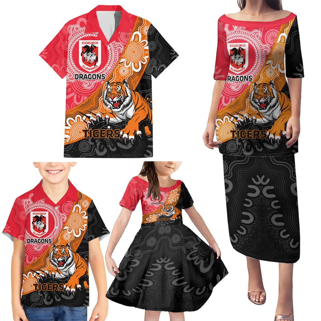 Personalised Dragons And Tigers Rugby Family Matching Puletasi and Hawaiian Shirt Aboriginal Art