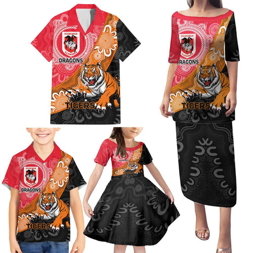 Personalised Dragons And Tigers Rugby Family Matching Puletasi and Hawaiian Shirt Aboriginal Art