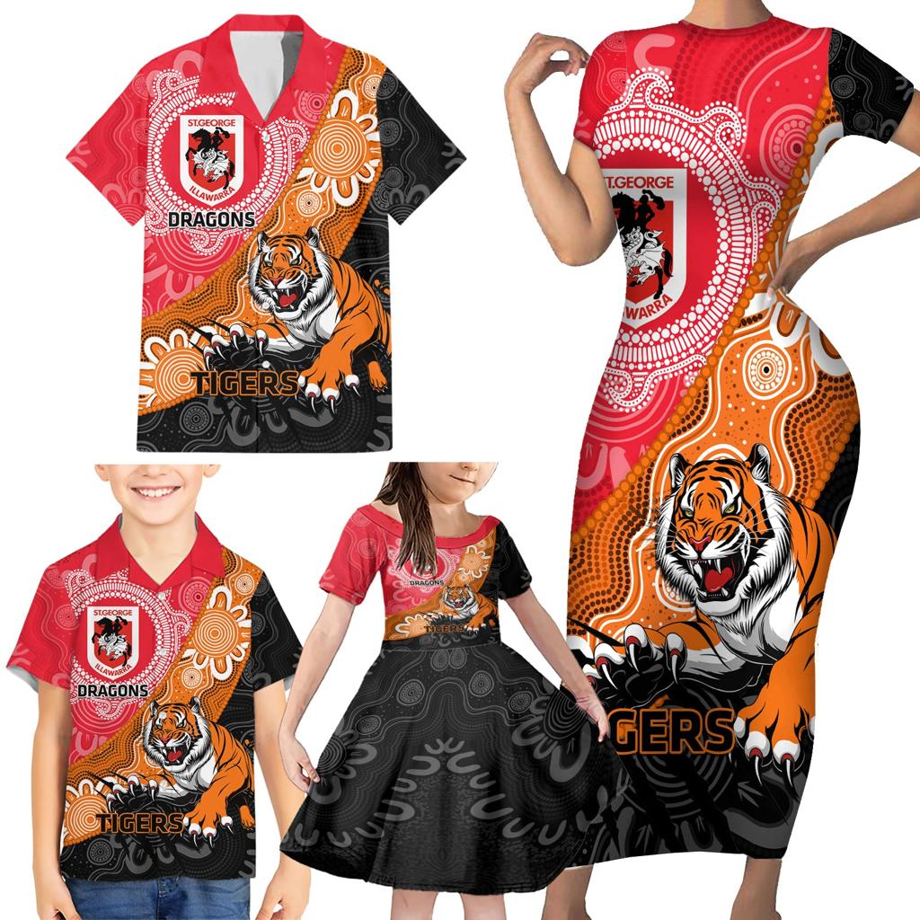 Personalised Dragons And Tigers Rugby Family Matching Short Sleeve Bodycon Dress and Hawaiian Shirt Aboriginal Art